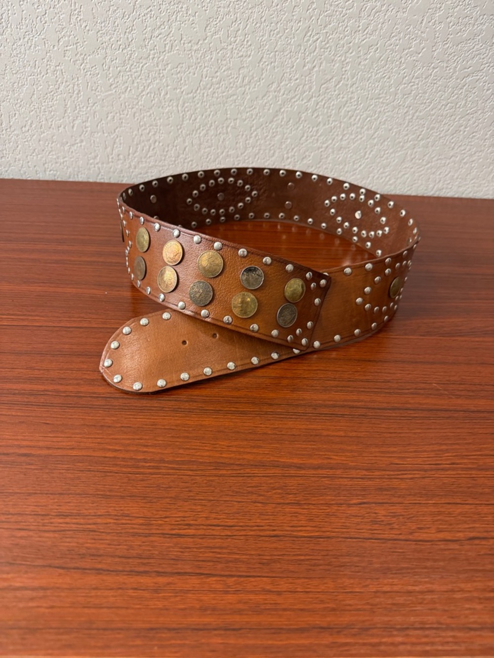 Studded Brown Leather Waist Belt with Metal Coin Accents